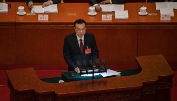 Chinese Premier Li Keqiang speaks at the opening session of the National People's Congress at the Great Hall of the People on March 5, 2021 in Beijing, China.