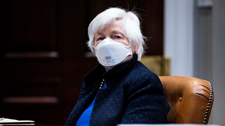 Treasury Secretary Janet Yellen listens during a meeting with President Joe Biden in the Roosevelt Room of the White House, March 5, 2021 in Washington.