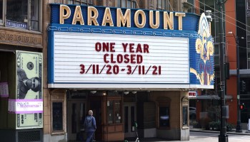 A marquee on the Paramount Theater reads "One Year Closed, 3/11/20 - 3/11/21" on March 15, 2021 in Seattle, Washington.