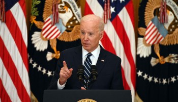 President Joe Biden answers a question during his first press briefing in the East Room of the White House in Washington on March 25, 2021.