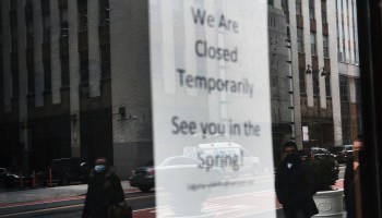 A sign alerts people to a closed business in Manhattan on March 1, 2021 in New York City.