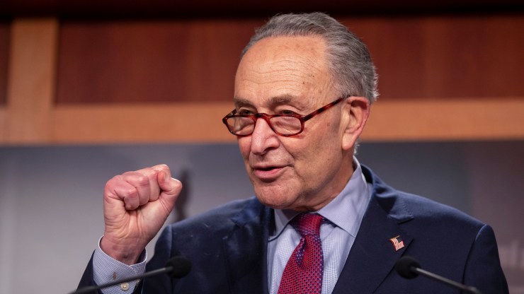 Senate Majority Leader Chuck Schumer, D-N.Y., speaks to the press at the U.S. Capitol on March 6, 2021 in Washington.