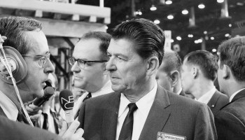 California Gov. Ronald Reagan speaks to journalist John Chancellor on the floor of the Republican National Convention, Miami Beach, Florida, August 1968.