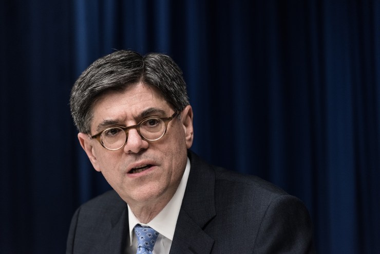 Former Treasury Secretary Jack Lew is pictured speaking at an event.