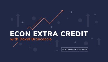 This graphic shows the words "Econ Extra Credit with David Brancaccio" and "Documentary Studies" against a background with arrows pointing up.