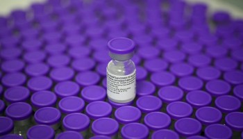 Purple-capped vials of the COVID-19 vaccine.
