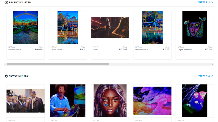 This screenshot shows digital pieces of art for sale on a marketplace for non-fungible tokens.