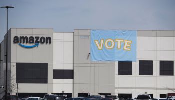 A sign encouraging workers to vote hangs outside the Amazon fulfillment center in Bessemer, Alabama.