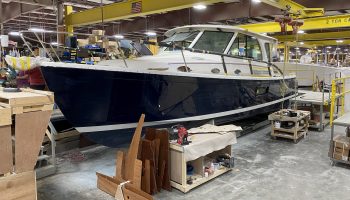 A boat being built on the shop floor at Back Cove Yachts.