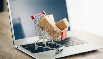 Shopping cart with delivery boxes on laptop