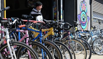 Rental bikes and bikes for purchase stand in front of the NBKC, North Brooklyn Cycles bikes shop on April 2, 2020 in Brooklyn, New York.