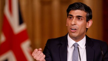 Britain's Chancellor of the Exchequer Rishi Sunak attends a virtual press conference inside 10 Downing Street in central London on March 3, 2021,
