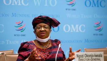 Director General of the World Trade Organization Ngozi Okonjo-Iweala attends a press conference on the annual global WTO trade forecast at the organization's headquarters in Geneva, Switzerland, on March 31, 2021.