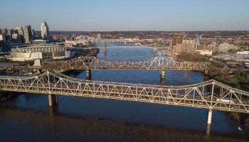 The Brent Spence Bridge spans the Ohio River on the Ohio-Kentucky border in Cincinnati on April 2, 2021.