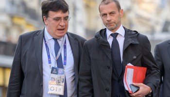 UEFA President Aleksander Ceferin (right) and UEFA General Secretary Theodore Theodoridis arrive for a UEFA congress in Montreux, Switzerland, on April 20, 2021.