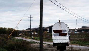 A mailbox stands along a road in an industrial area on October 24, 2016 in Youngstown, Ohio.