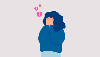 An illustration of a crying woman with broken hearts around her head.