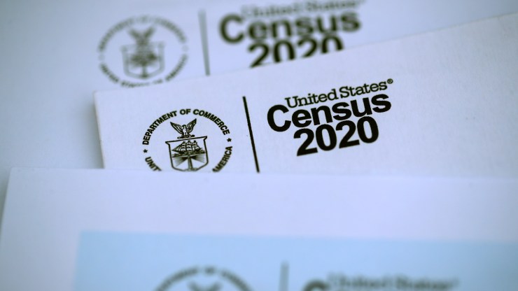 A closeup of the 2020 census logo.