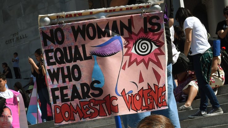 A demonstrator's sign reads, "No woman is equal who fears domestic violence."