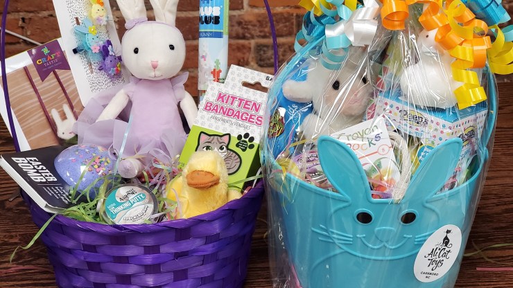 Easter baskets with stuff animals and other goodies.