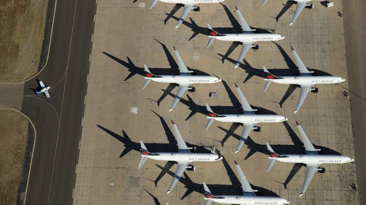 An aerial view of planes parked at Pinal Airpark in Arizona.