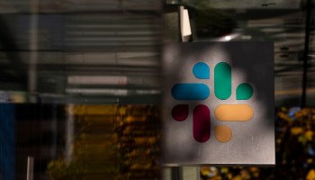 The Slack logo is seen outside its headquarters on December 1, 2020 in San Francisco, California.