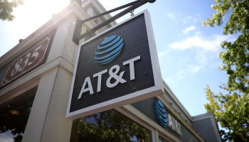 A sign is posted in front of an AT&T retails store on May 17, 2021 in San Rafael, California.