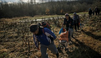 Members from an Afghani migrant family approach Croatia's border from the Bosnian side in an attempt to cross into the EU by foot.