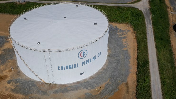 In an aerial view, fuel holding tanks are seen at Colonial Pipeline's Dorsey Junction Station on May 13, 2021 in Washington, D.C.