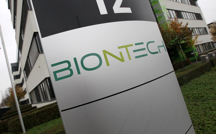 The logo of German company Biontech is pictured at the company's headquarters in Mainz, western Germany, on November 12, 2020.