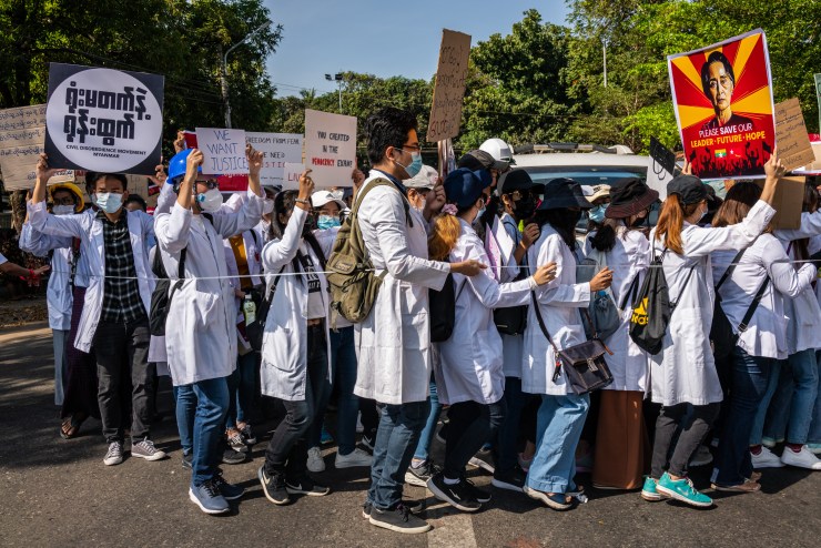 Doctors join a protest against the military coup in front of the Chinese Embassy on February 12, 2021 in Yangon, Myanmar.