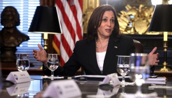 Vice President Kamala Harris delivers opening remarks during a meeting with CEOs on the Northern Triangle in Central America, at the Vice President’s Ceremony Office at Eisenhower Executive Office Building May 27, 2021 in Washington.