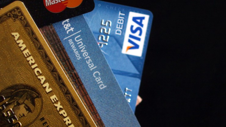 Credit cards from major U.S. companies are spread out.