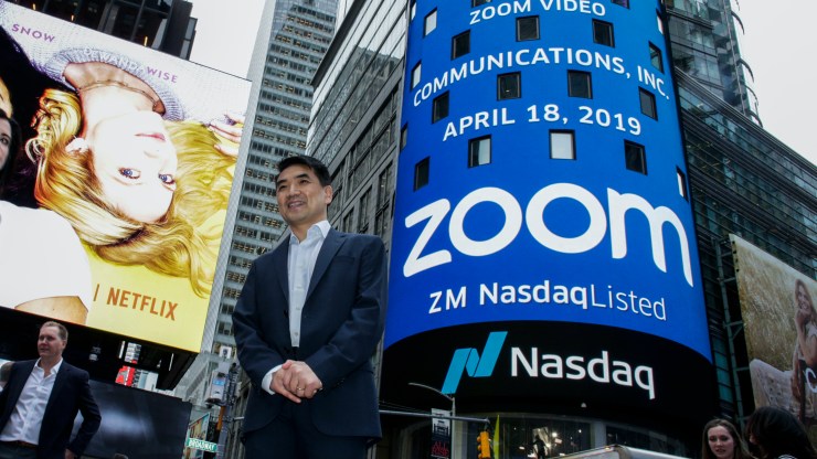 Zoom founder Eric Yuan in front of the Nasdaq building in New York.