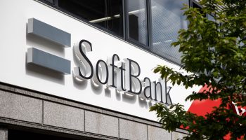 The SoftBank logo is seen at the entrance of a mobile phone shop in Tokyo, Japan, on April 6, 2021.