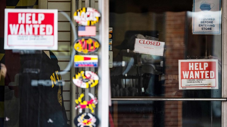 A store advertises a help wanted sign in Annapolis, Maryland, on May 12, 2021.
