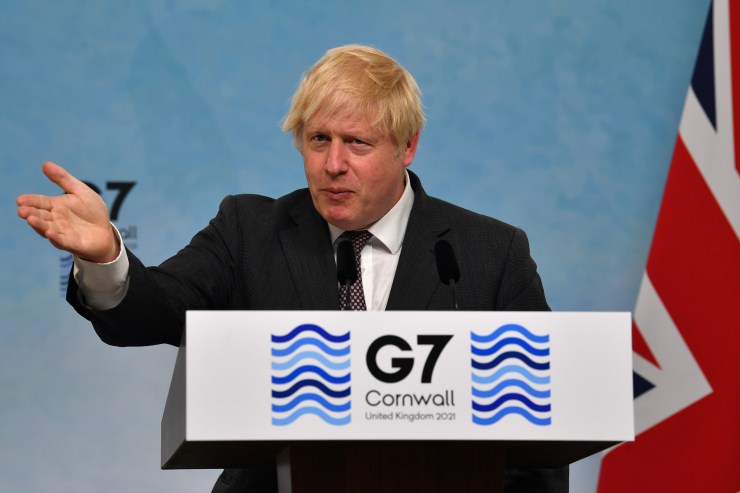 British Prime Minister Boris Johnson takes part in a press conference on the final day of the G-7 summit in Carbis Bay on June 13, 2021 in Cornwall, United Kingdom.