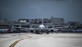 An American Airlines plane prepares to take off from the Miami International Airport on June 16, 2021.