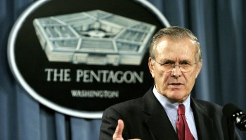 Defense Secretary Donald Rumsfeld gestures during a joint press conference with Russia's Minister of Defense at the Pentagon January 11, 2005 in Arlington, Virginia.