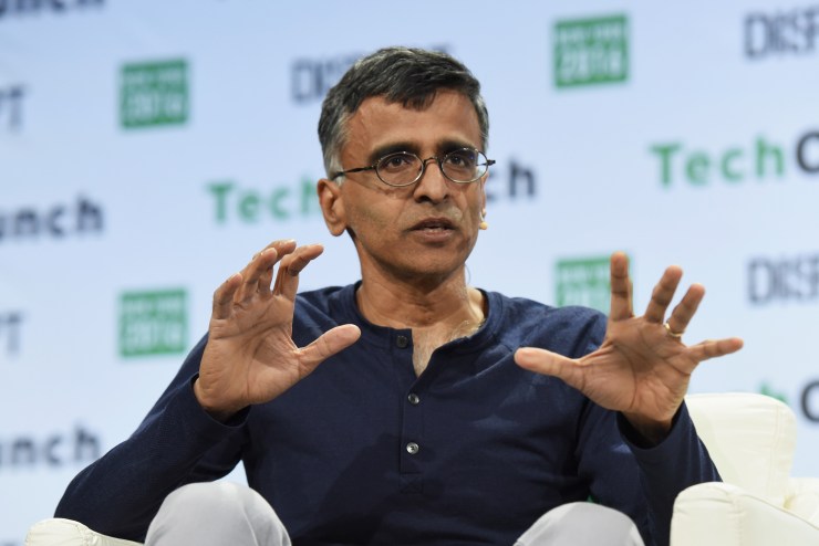 Sridhar Ramaswamy speaks at a TechCrunch event in Brooklyn on May 10, 2016.