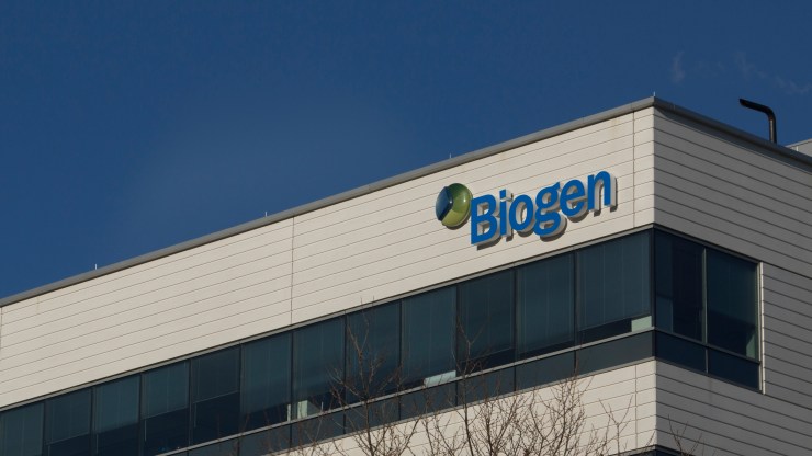 The Biogen logo is seen on a Massachusetts building.
