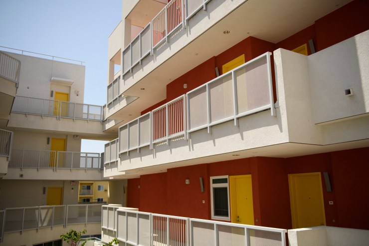 An apartment complex where homeless people are being housed in Los Angeles.