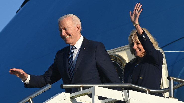 The first couple arrives in England ahead of the G-7 summit. Biden is expected to try to resolve disputes involving tariffs on wine, cheese, steel and aluminum.