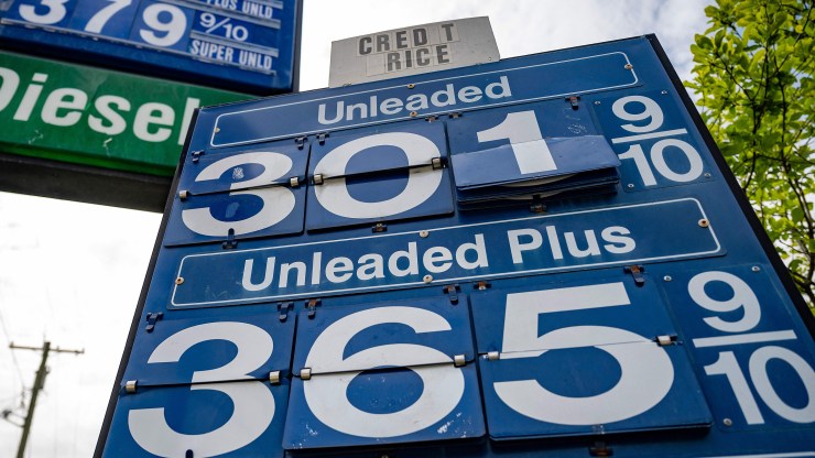 A sign announces the day's gas prices at a station in Maryland.