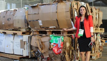 Sofi Armenakian, the Atlanta Hawks’ director of sustainability, stands beside a pallet of recyclable cardboard.