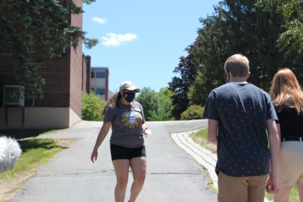University of Southern Maine senior Fantasia Perez leads a tour for interested students on the school’s campus in Gorham, Maine.