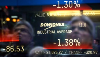 A man's reflection in front of a screen displaying the Dow Jones Industrial Average percentage change.