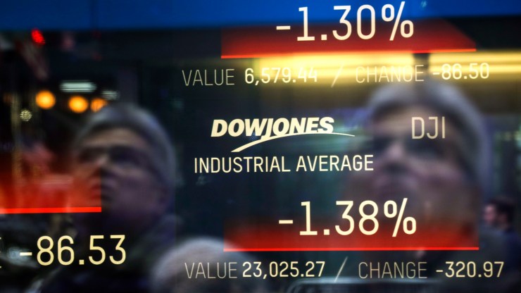 A man's reflection in front of a screen displaying the Dow Jones Industrial Average percentage change.