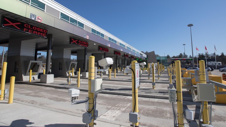 The gates are closed at a U.S. /Canada border station in Ontario in March 2020.