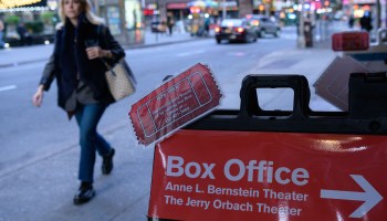 A person walks past a box office sign outside the longest running play 'Perfect Crime' Off-Broadway at The Anne Bernstein Theater in The Theater Center on April 27, 2021 in New York City.